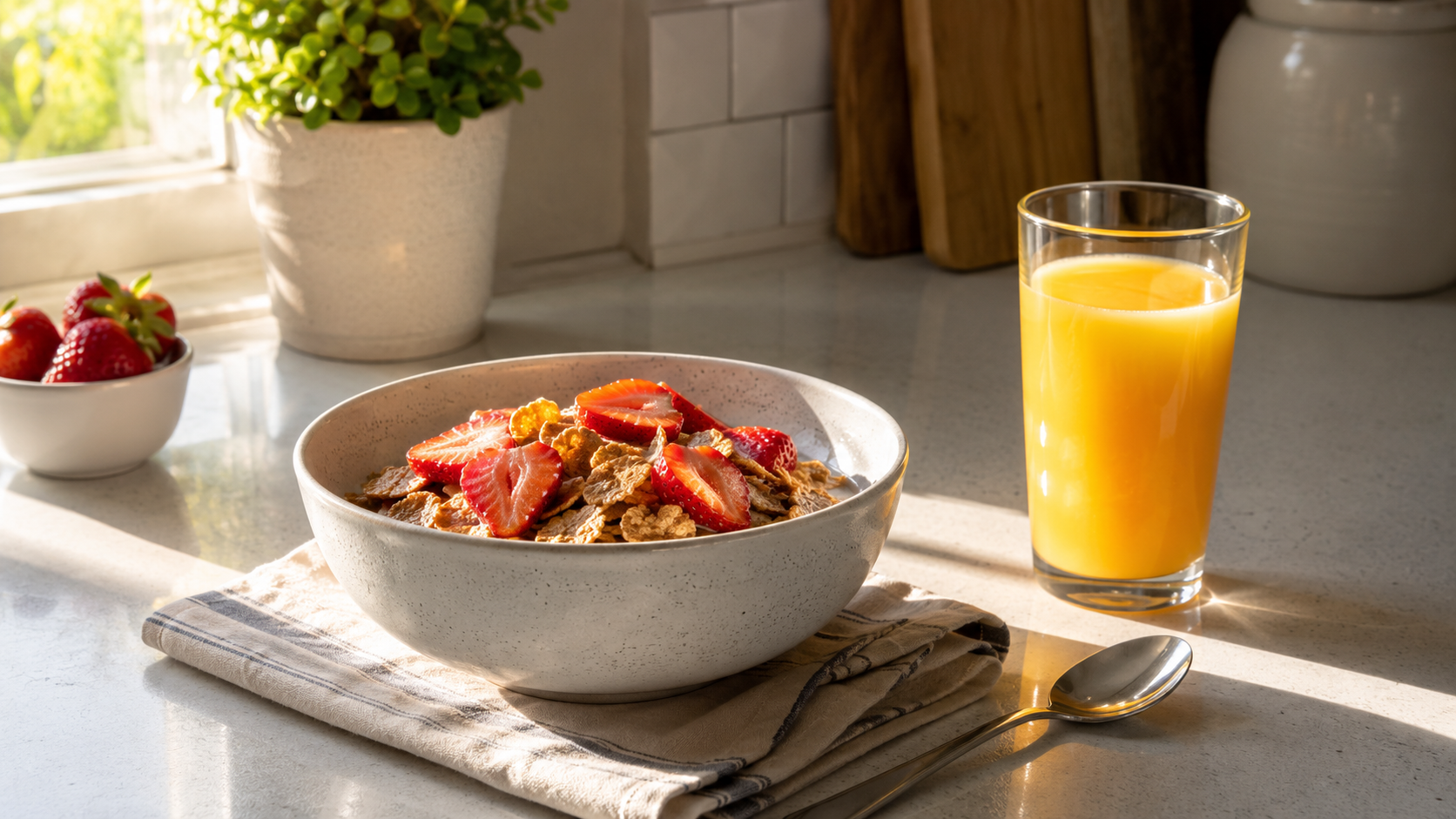 A bowl of iron-fortified cereal topped with sliced strawberries beside a glass of orange juice on a light kitchen counter, illuminated by warm morning sunlight.