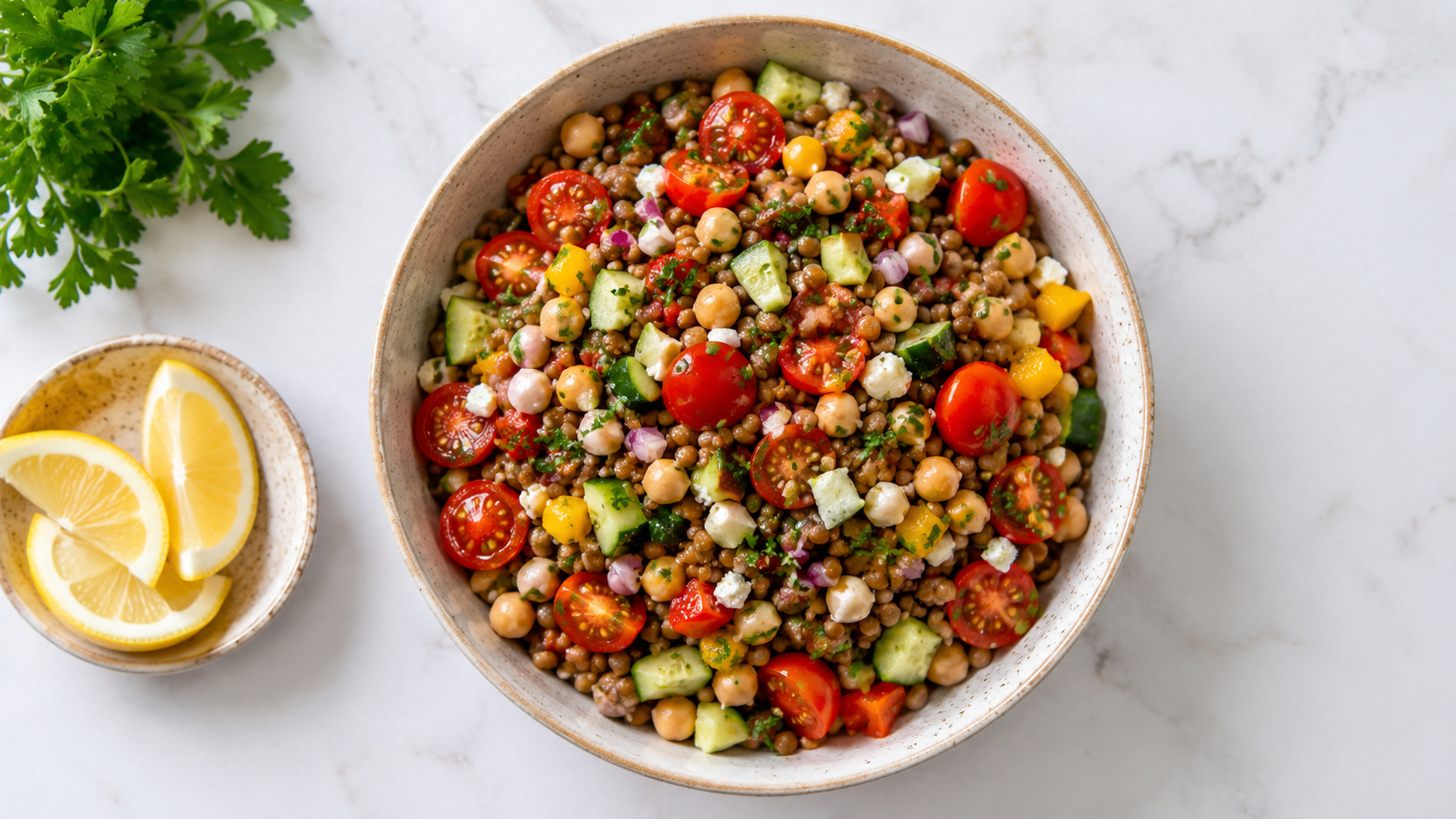 An overhead view of a bowl filled with lentil and vegetable salad, including chickpeas, cherry tomatoes, and chopped vegetables, with lemon wedges on the side on a clean, light-colored kitchen table.