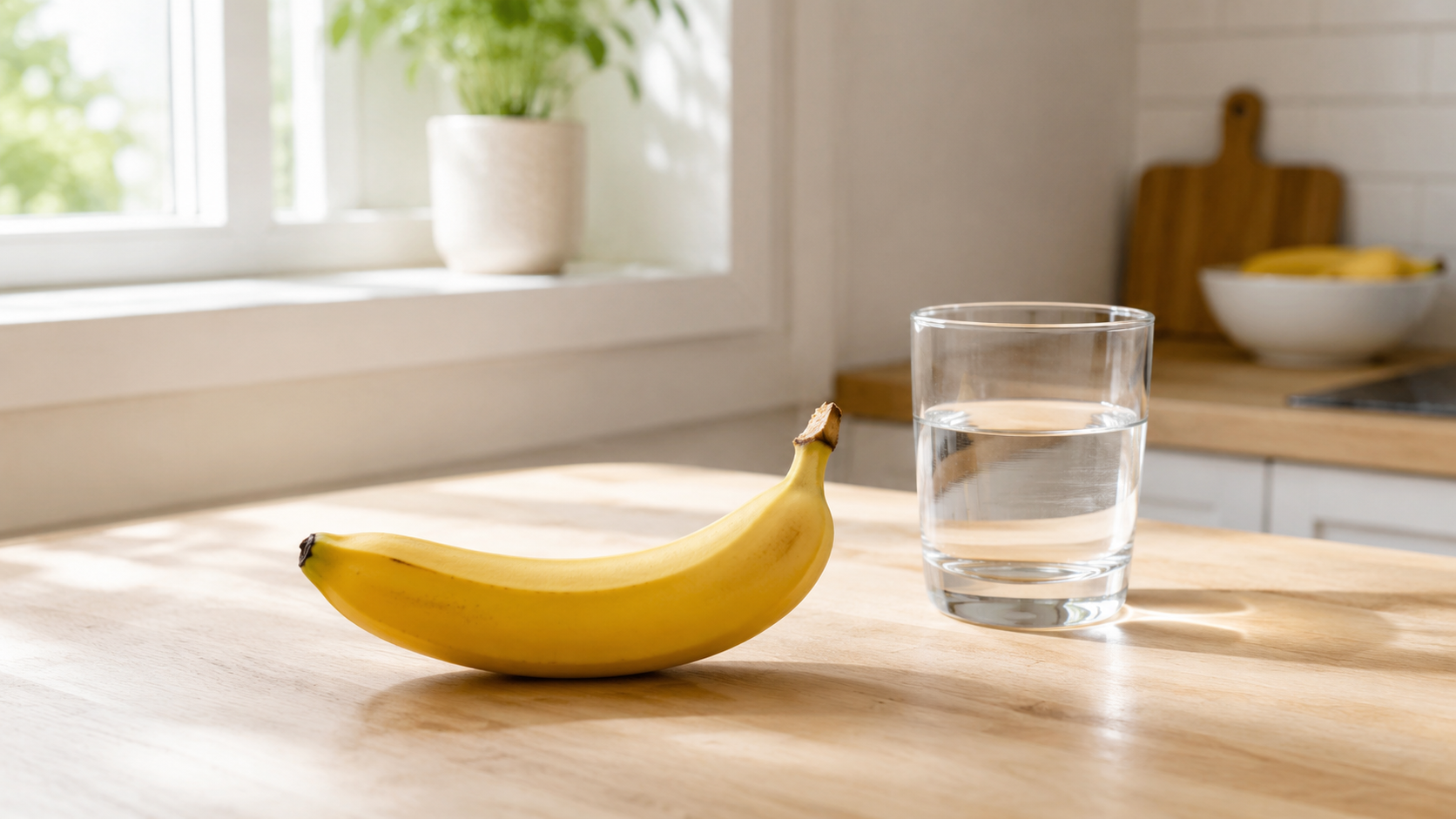 A ripe yellow banana and a glass of water on a light wooden kitchen counter in soft morning sunlight.