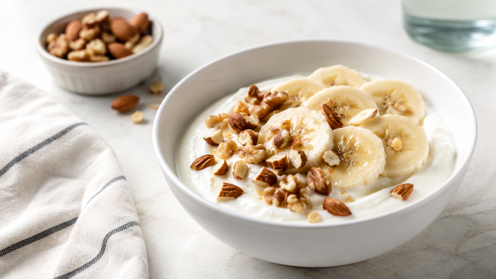 A bowl of plain yogurt topped with banana slices and mixed nuts on a light-colored table.