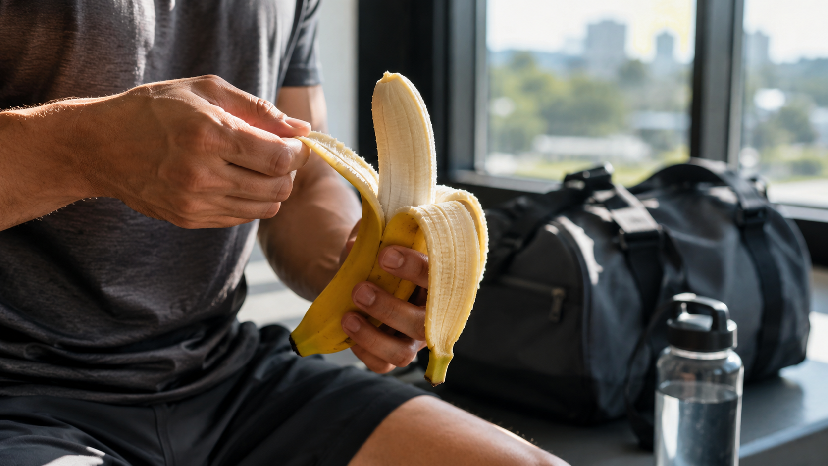 A person peeling a banana before a workout, with a gym bag and water bottle in the background.