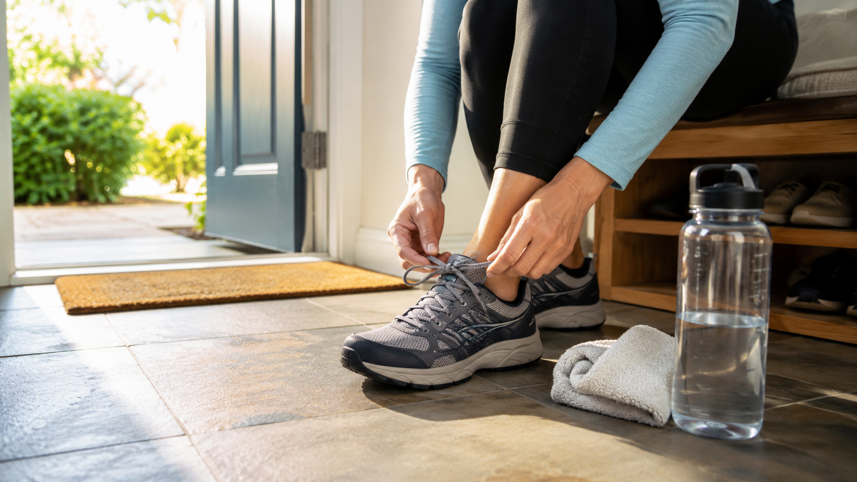 A person tying walking shoes near a front door with sunlight coming in, with a water bottle and small towel placed nearby.
