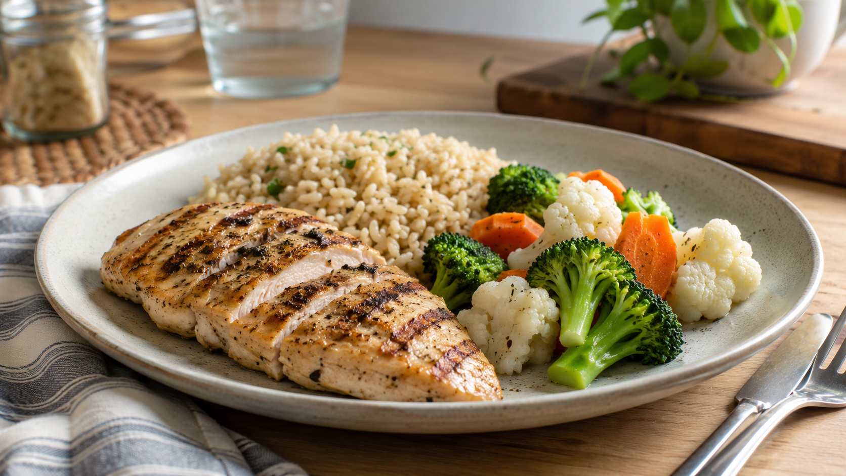 A balanced plate with lean protein, vegetables, and brown rice shows how simple meal choices can help support steady energy and healthier blood sugar habits.