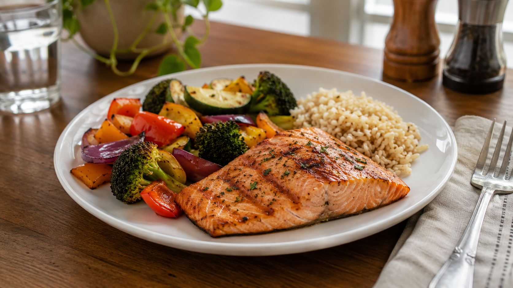 A white dinner plate with grilled salmon, roasted broccoli, zucchini, bell peppers, red onion, and a small serving of brown rice on a wooden kitchen table.