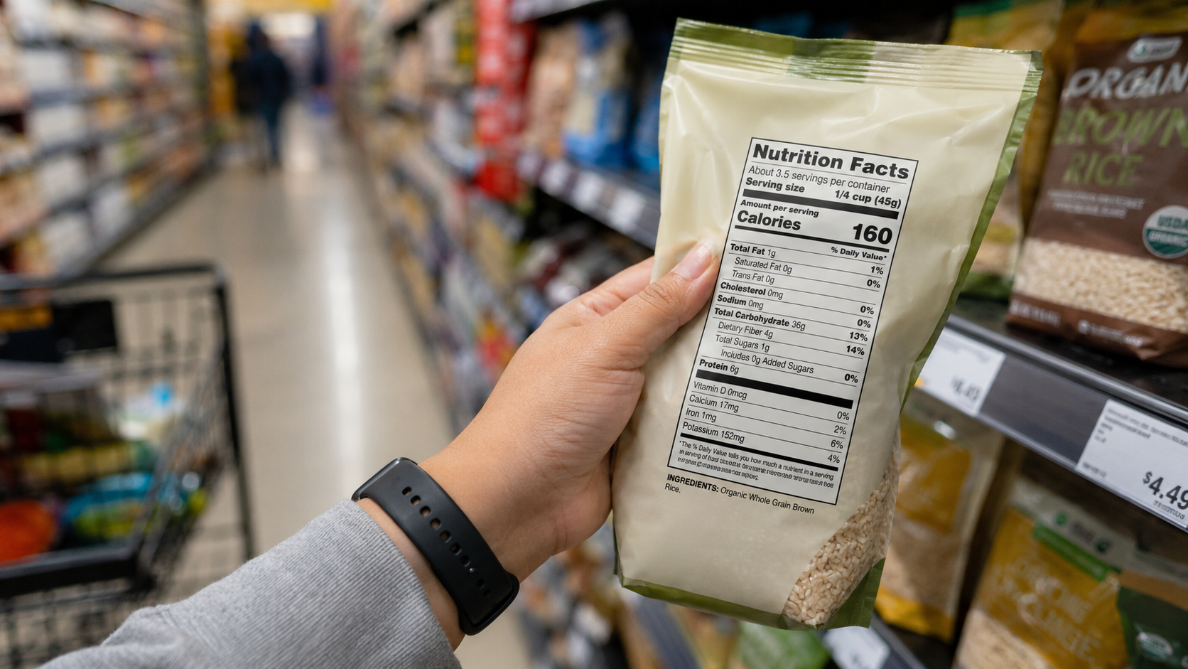 A shopper’s hand holding a package of brown rice and examining its Nutrition Facts label in a grocery store aisle.