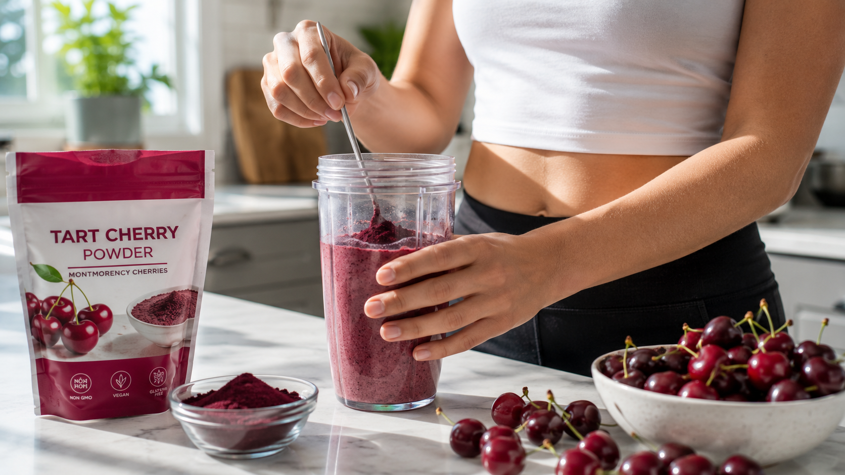 A person stirs tart cherry powder into a berry smoothie in a bright kitchen, with fresh cherries and a bowl of powder nearby.