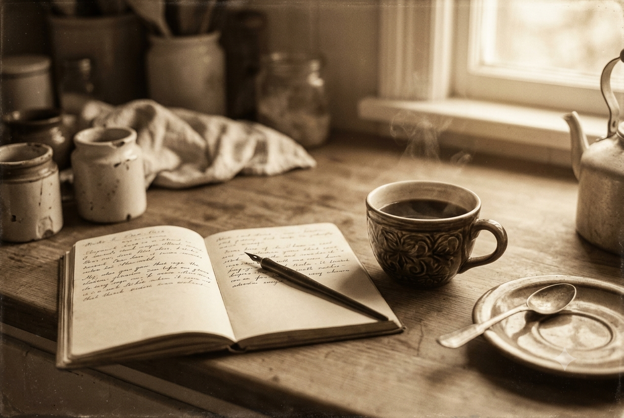 Half-finished coffee beside an open notebook, a quiet ordinary morning scene about living a life of purpose