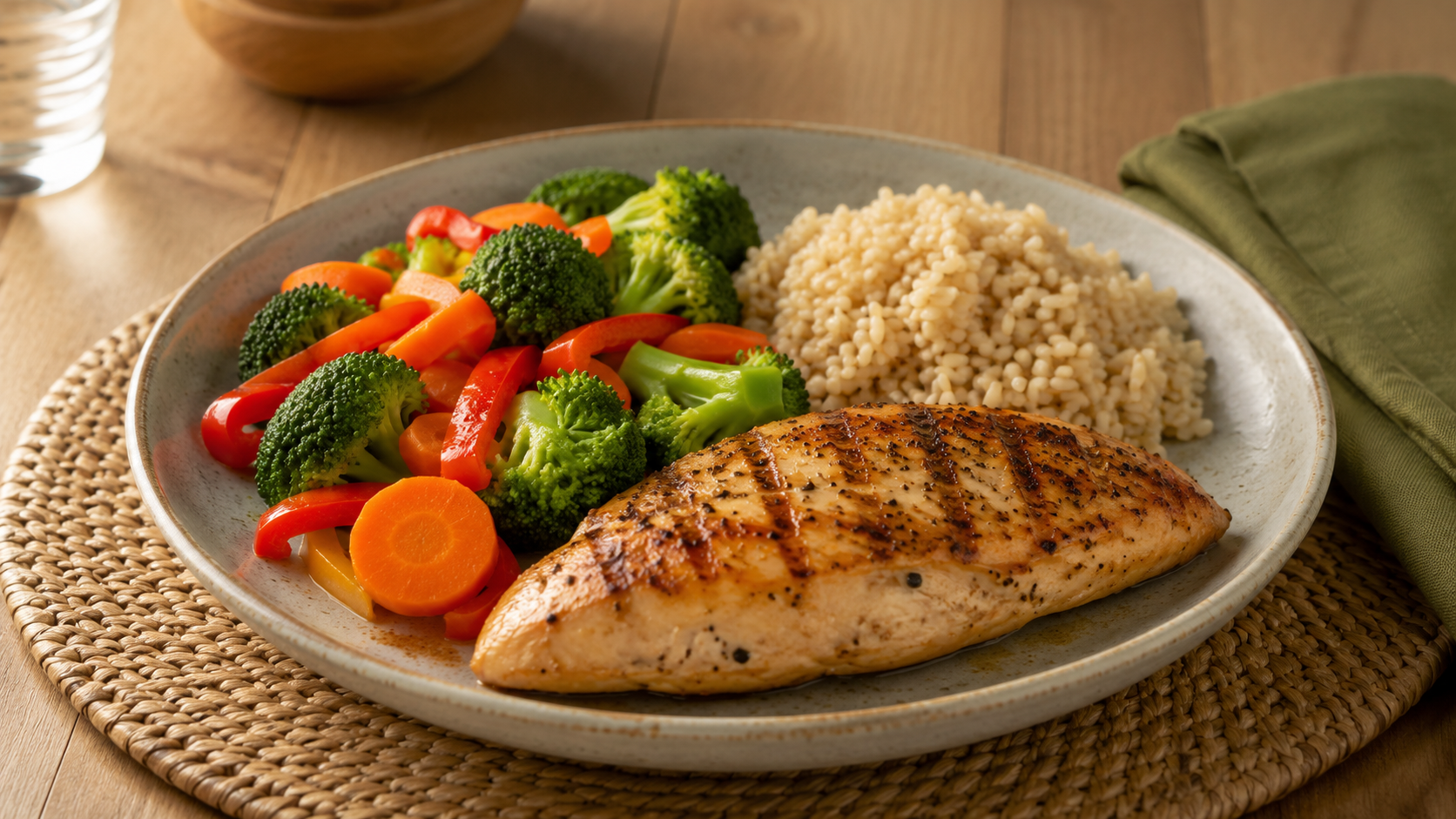 A balanced meal featuring grilled chicken breast, steamed broccoli, carrots, red peppers, and a small portion of brown rice on a dining table.