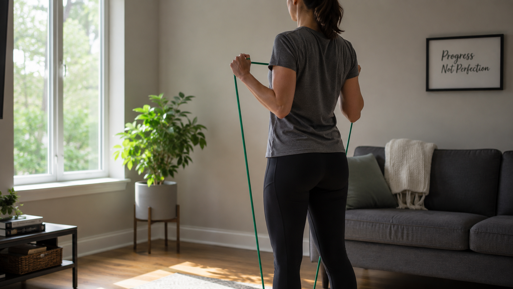 A woman performs a resistance band strength exercise in a bright home living room with natural daylight coming through a large window.