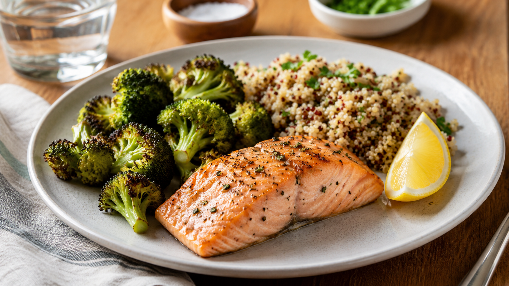 Oven-baked salmon served with roasted broccoli, quinoa, and a lemon wedge on a white plate at a home dining table.