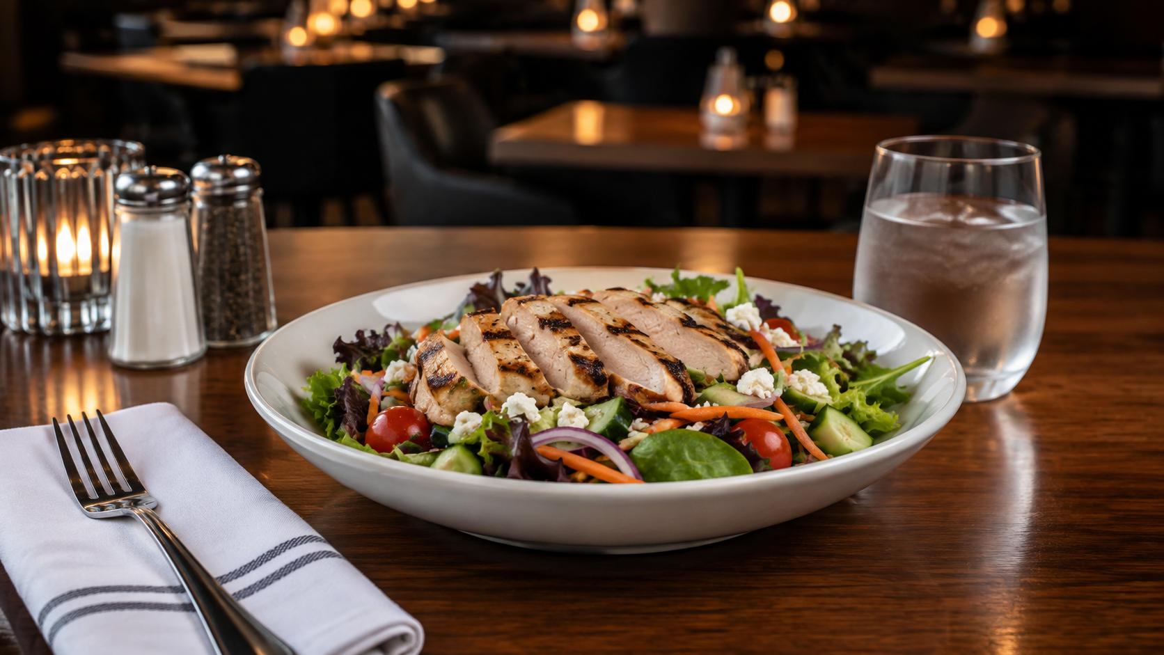 A grilled chicken salad with leafy greens, tomatoes, cucumbers, carrots, and cheese served with a glass of water at a warmly lit restaurant table.