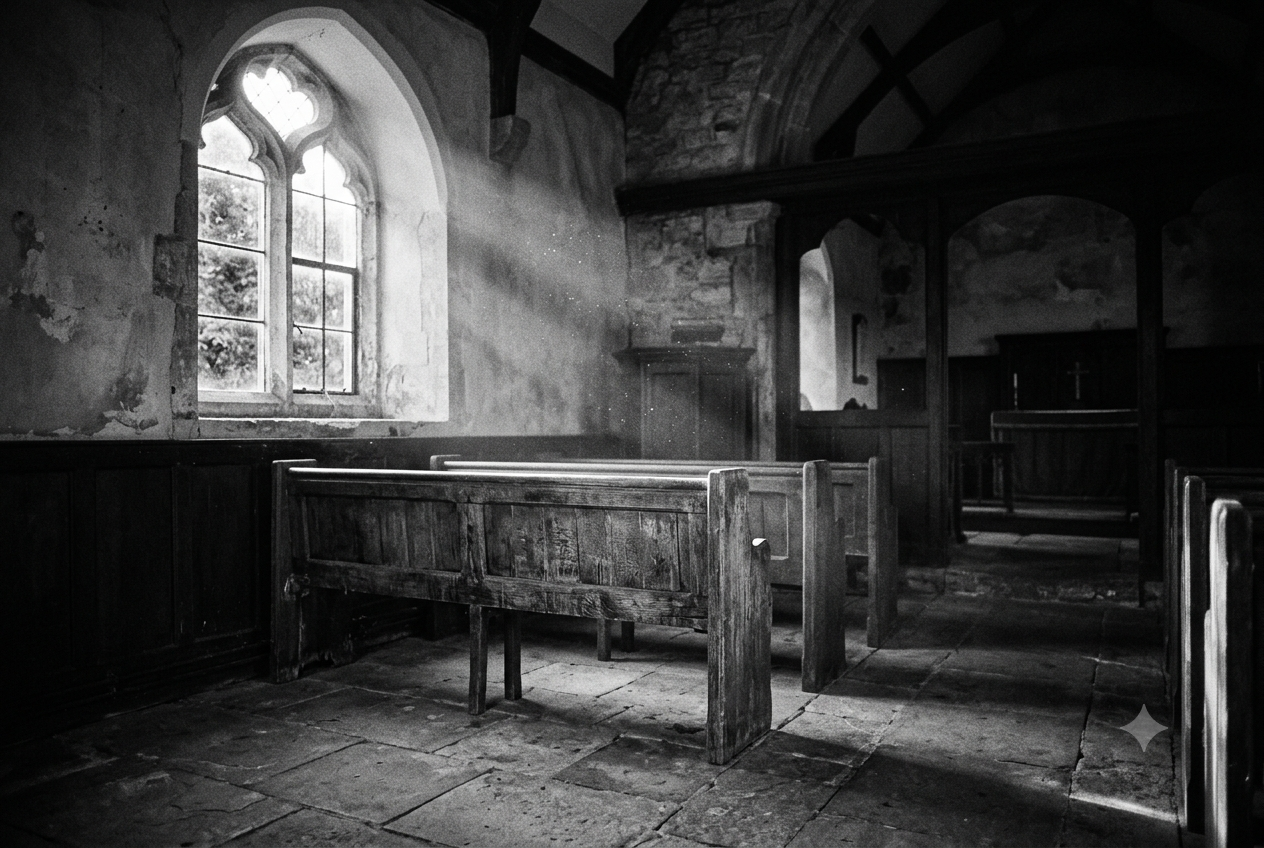 An empty wooden chapel pew lit by a single window, evoking the quiet space between fear and honesty in sharing your faith