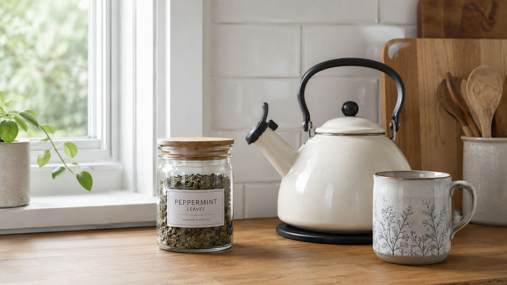 A simple kitchen counter with a tea kettle, a glass jar of dried peppermint leaves, and a ceramic mug in soft natural daylight.