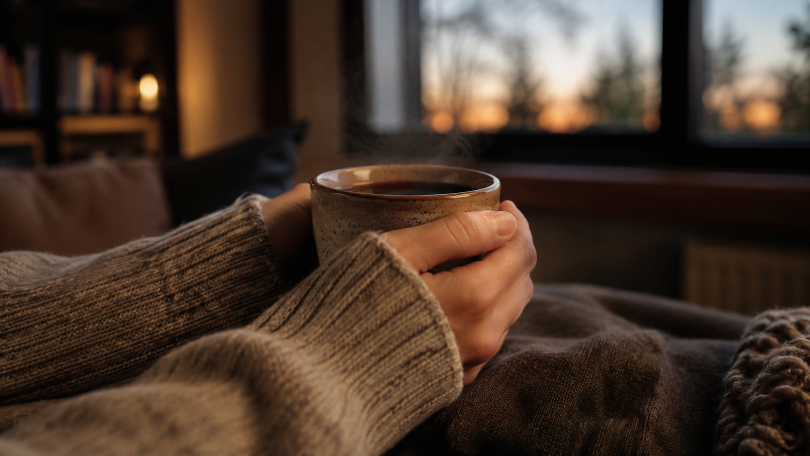 Two hands wrapped around a warm ceramic mug in a cozy indoor setting, with soft evening light glowing through a blurred window in the background.