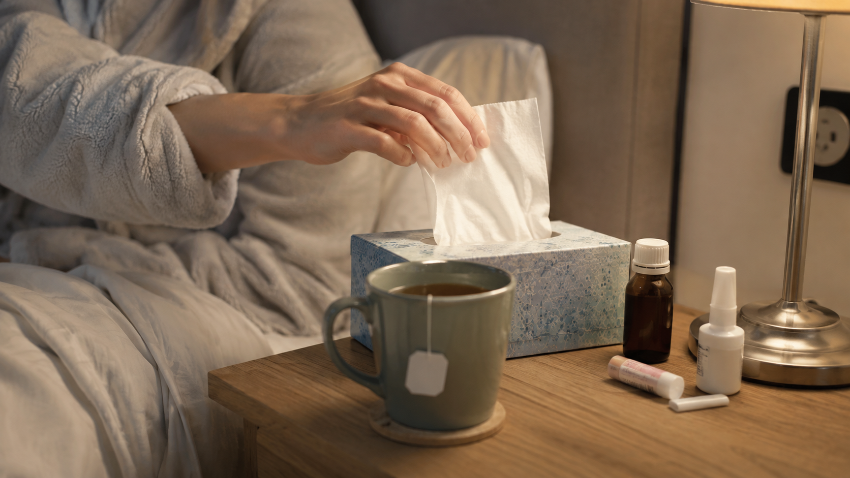 A person resting in bed reaches for a tissue beside a warm cup of tea and common cold-care items on a bedside table.
