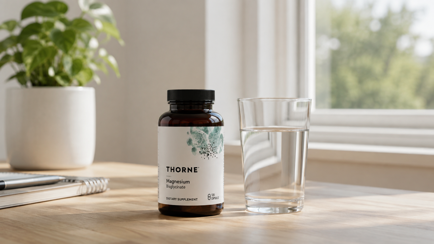 A dietary supplement bottle and a glass of water sitting on a wooden desk beside a bright window in soft morning light.