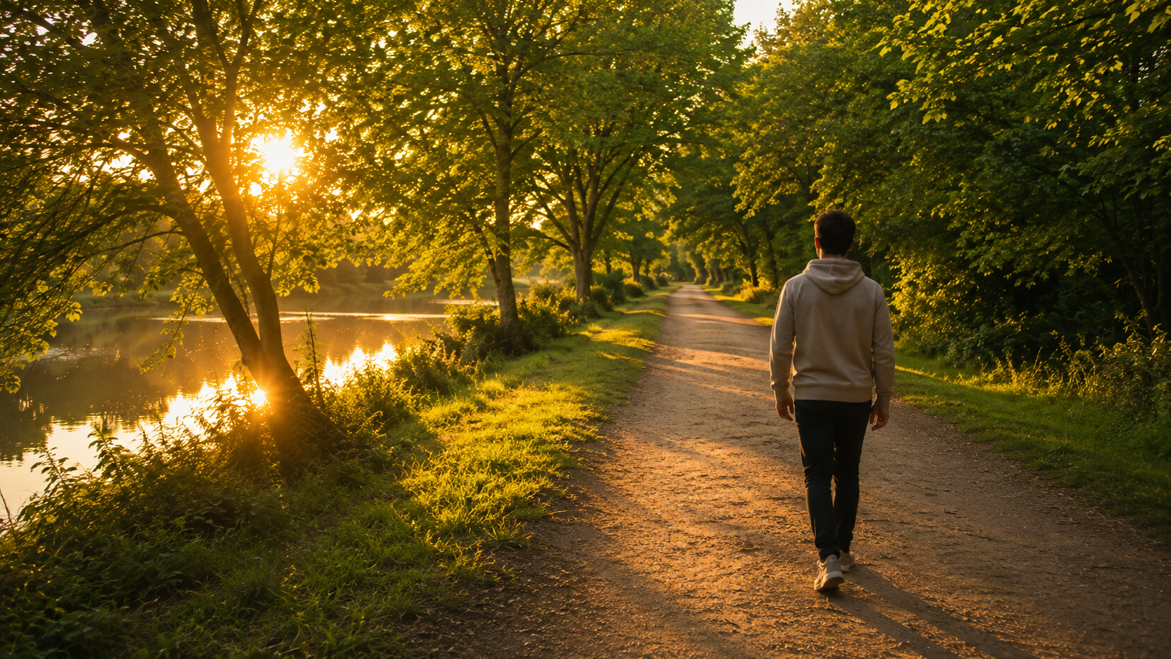 A person walks alone along a quiet tree-lined path beside the water at golden hour, seen from behind in soft summer light. The path stretches into the distance under lush green trees, creating a calm and reflective mood.