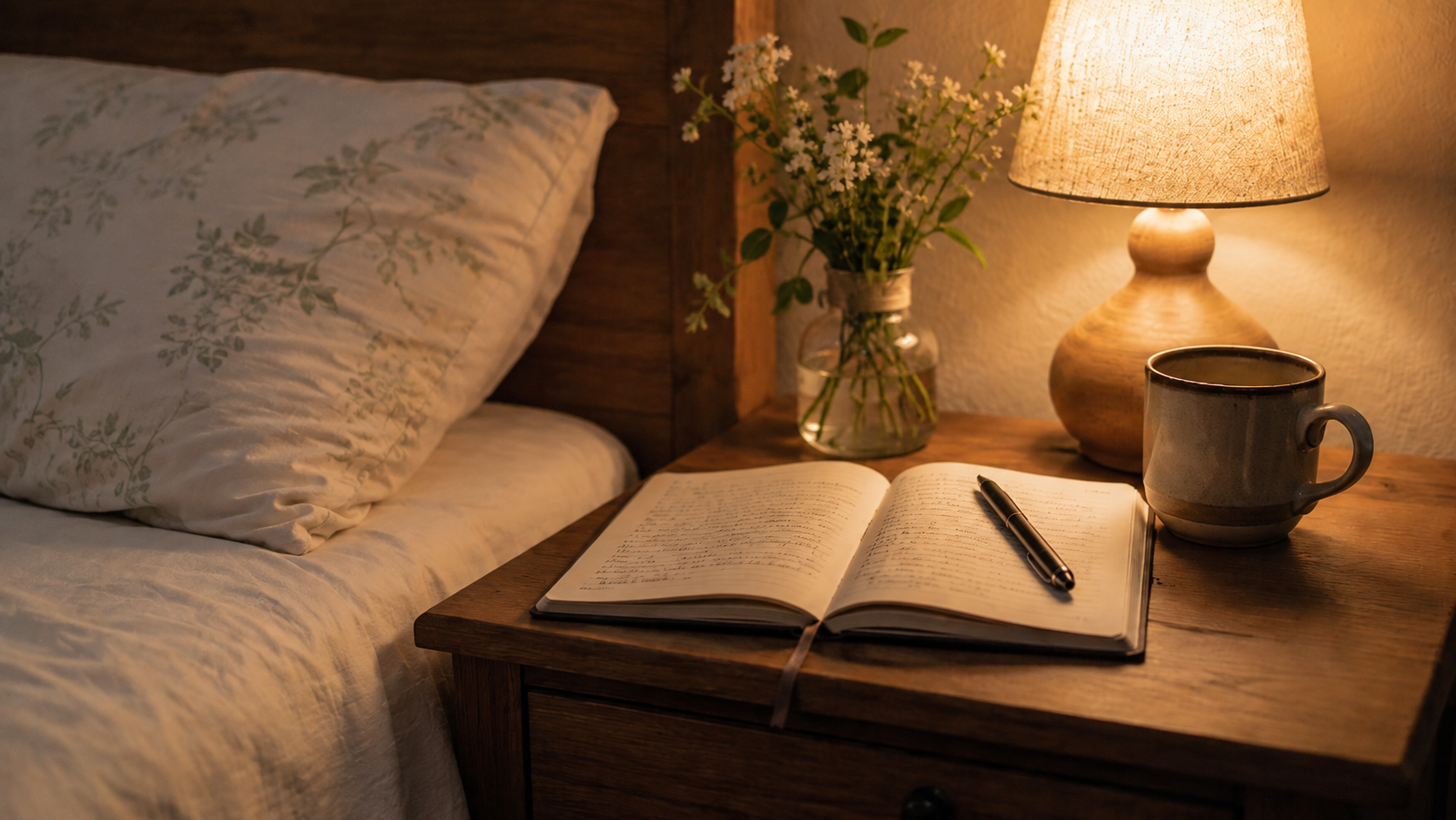 A cozy bedside table holds an open journal, a pen, a mug, and a softly glowing lamp beside a neatly made bed. A small vase of fresh white flowers adds a gentle summer touch to the warm nighttime scene.