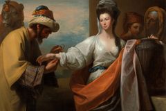 Benjamin_West_-_Isaac's_servant_tying_the_bracelet_on_Rebecca's_arm_-_Google_Art_Project