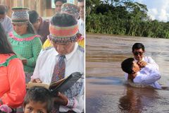 Missionários levam indígenas ao batismo na Amazônia peruana