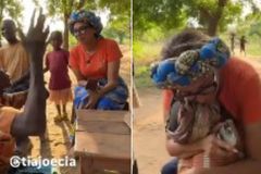 Africana agradece de joelhos por construção de igreja: ‘Antes era debaixo da árvore’