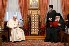 Pope Francis apologizes for mistakes of Catholics in meeting with Greek Orthodox leaders in Athens, Greece