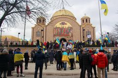 Residents of Chicago’s Ukrainian Village Rally on Steps of Church as Russia Invades Ukraine