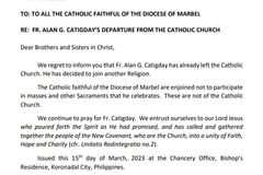 Marbel diocese informs public about priest who left Church