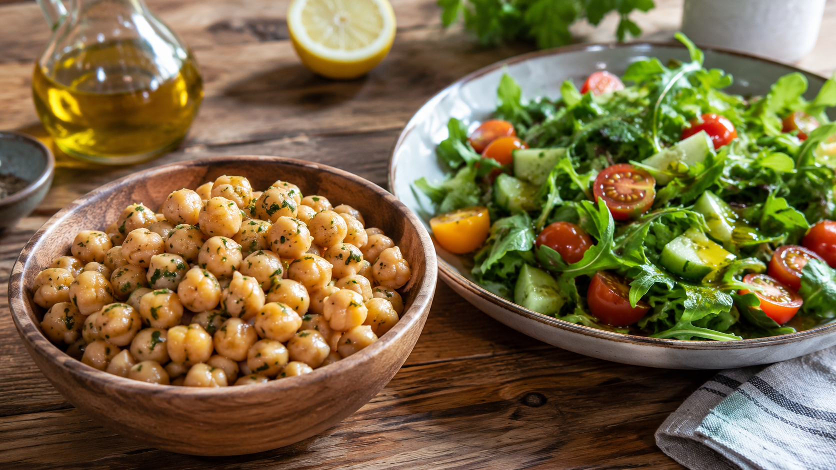 A wooden bowl of seasoned chickpeas served beside a fresh green salad with cherry tomatoes and cucumber on a rustic kitchen table.