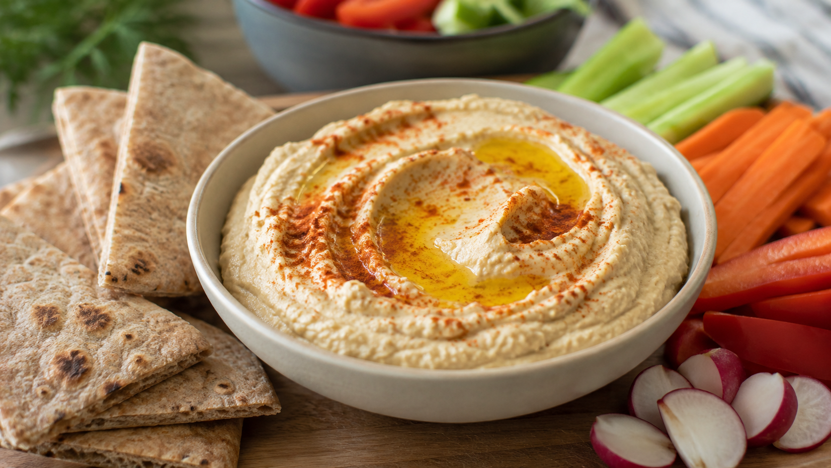 A bowl of homemade hummus topped with olive oil and paprika, served with whole wheat pita and fresh vegetable sticks.