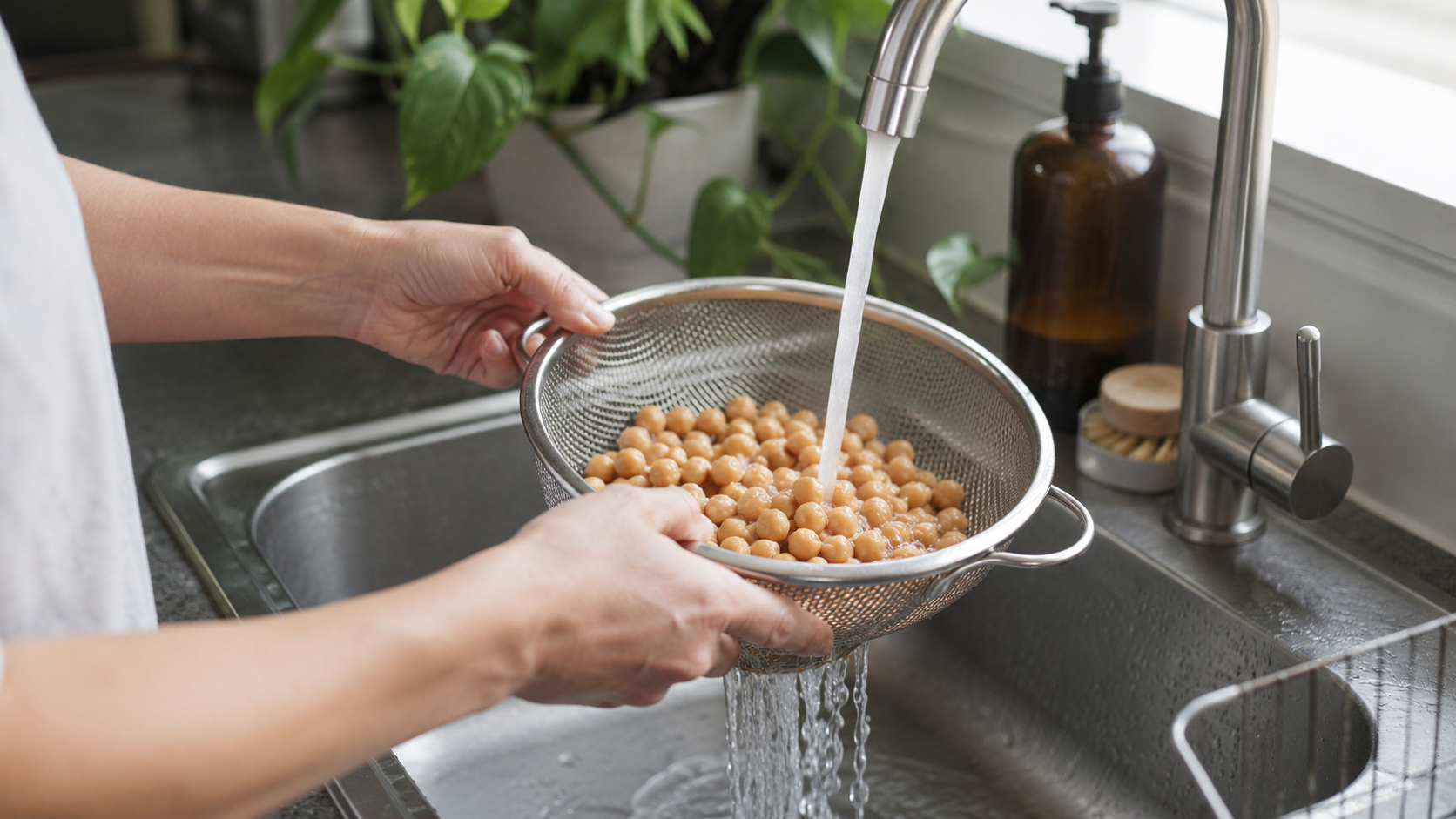 A person rinsing chickpeas in a metal colander under running water at a kitchen sink.
