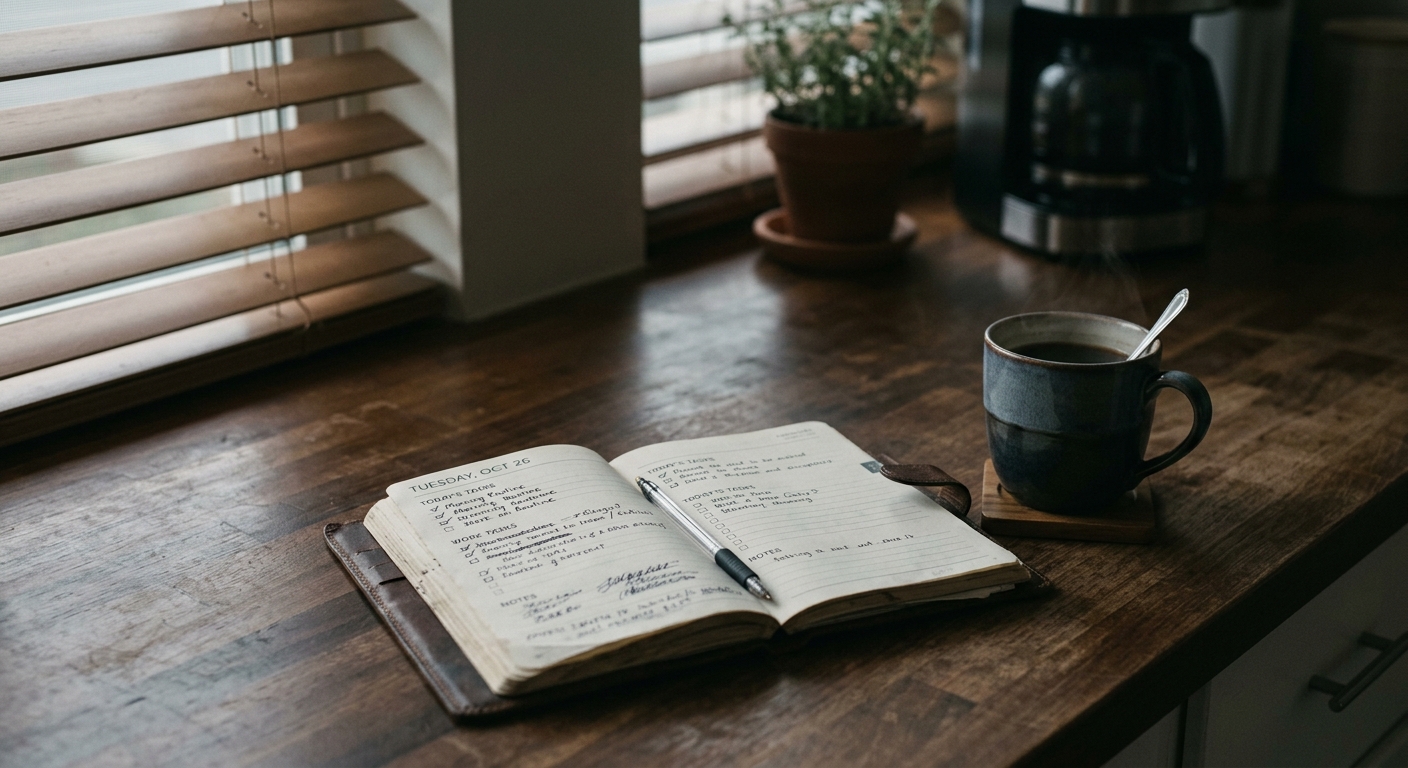 A kitchen counter at dawn: a half-finished planner left open beside a cooling mug, morning light coming low through the window blinds, nothing else in frame.