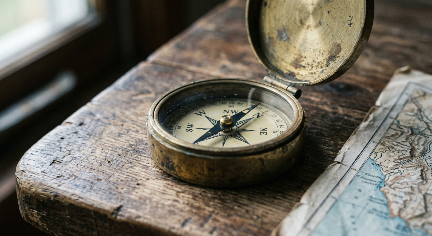 A compass resting on a weathered wooden table, its needle mid-shift, a folded paper map half-visible at the edge of frame.