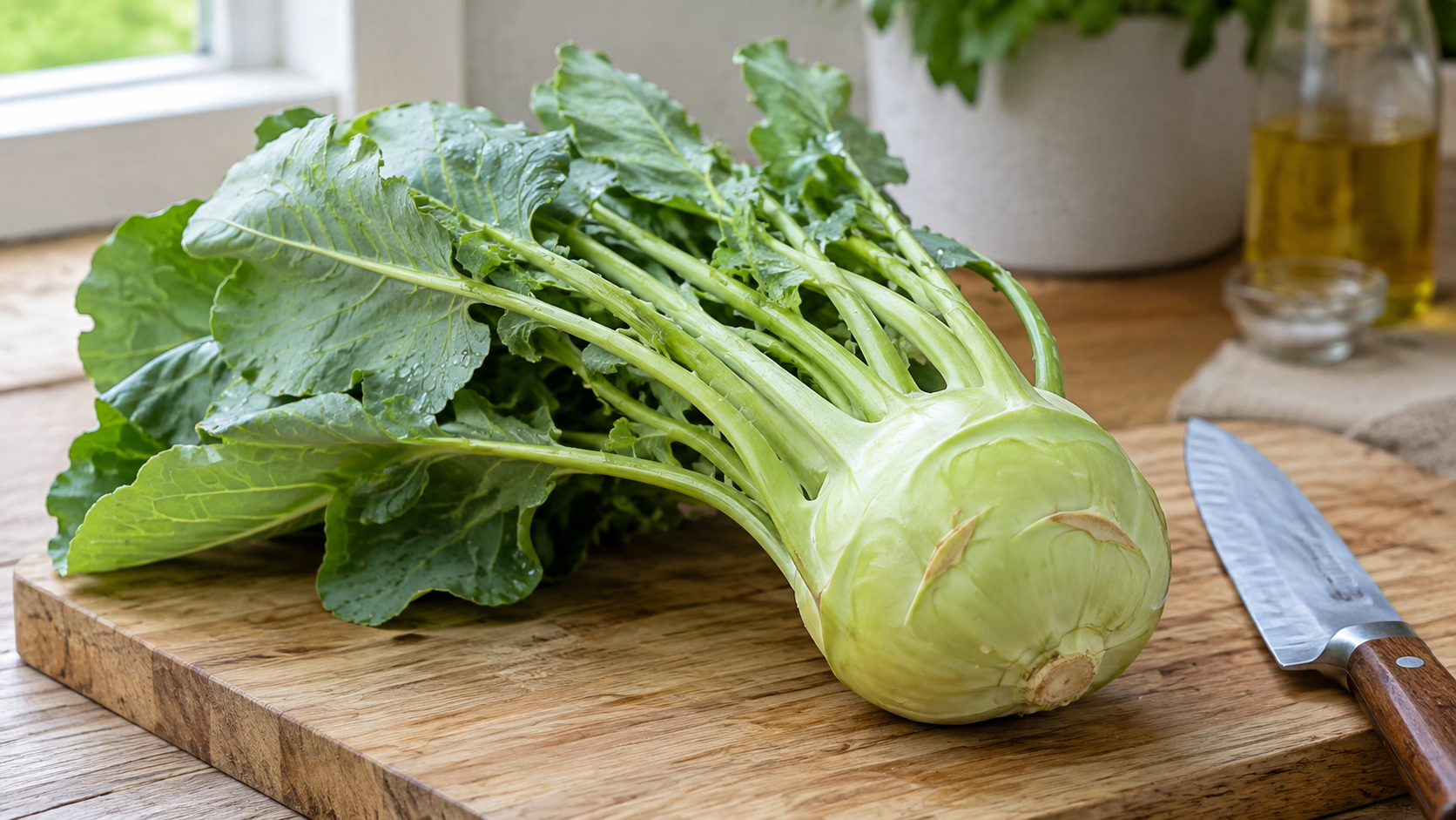 Fresh green kohlrabi with leafy stems resting on a wooden cutting board beside a kitchen knife in soft natural daylight.