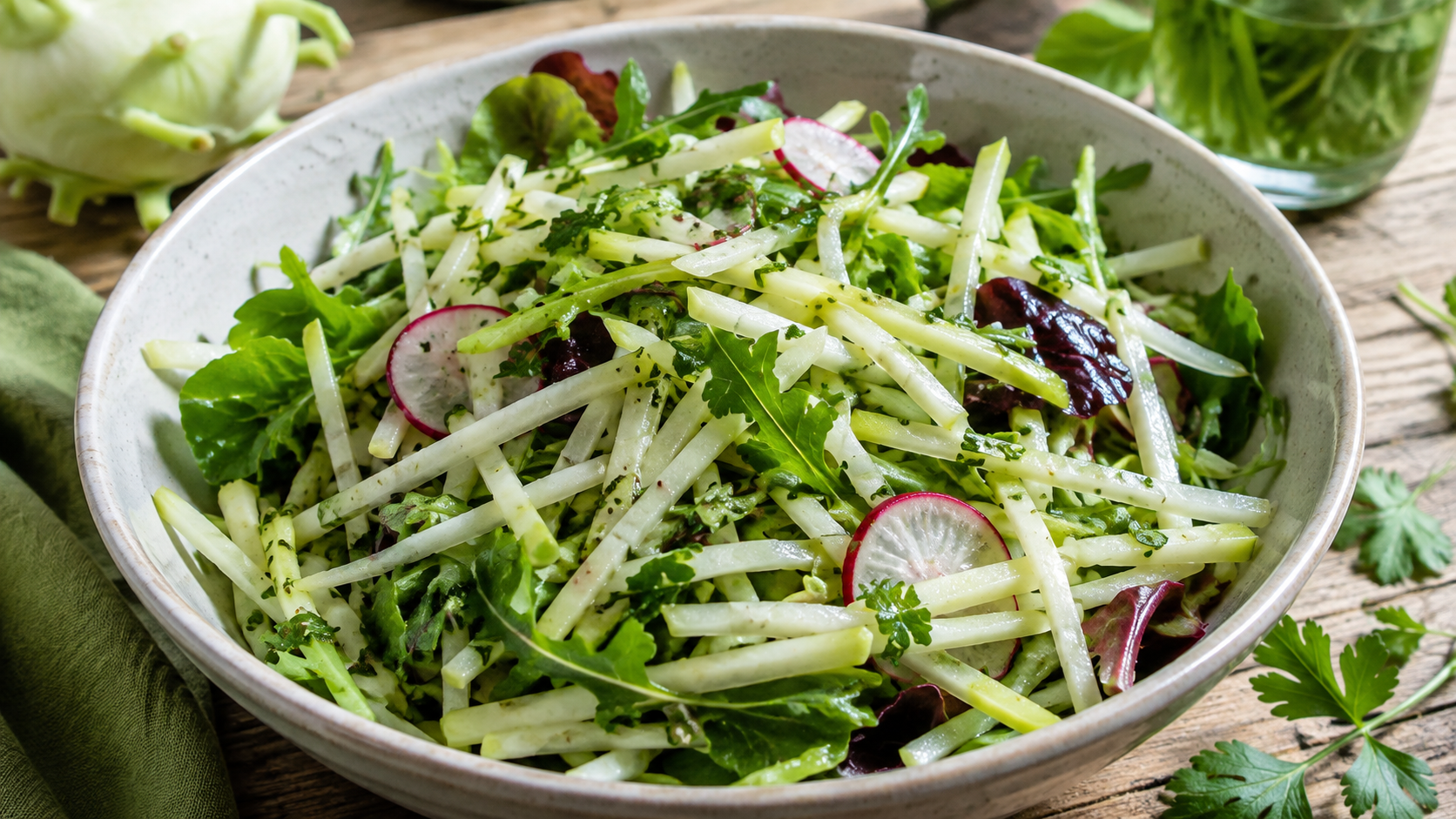 A fresh salad made with thinly sliced kohlrabi, mixed greens, radish slices, and herbs served in a ceramic bowl.
