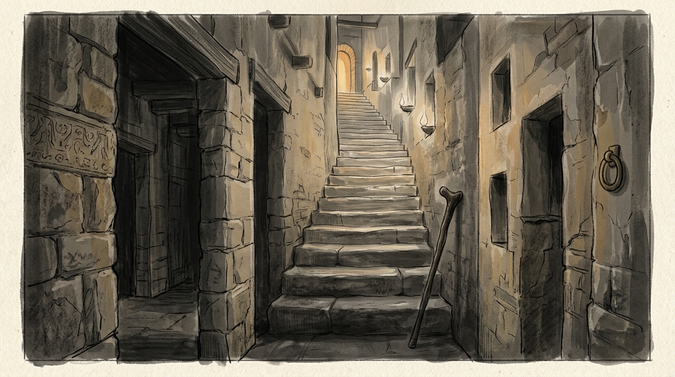 stone stairway leading up toward an unseen banquet hall, evoking self-sufficiency and the climb toward God's grace