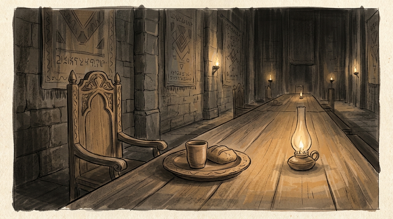 a single place set at a long wooden table, symbolizing resting in God's grace rather than earning a seat