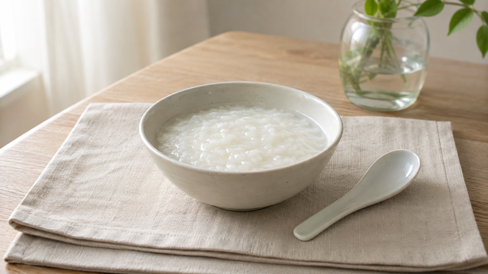 A bowl of plain rice porridge with a ceramic spoon on a simple wooden table, softly lit by natural daylight.