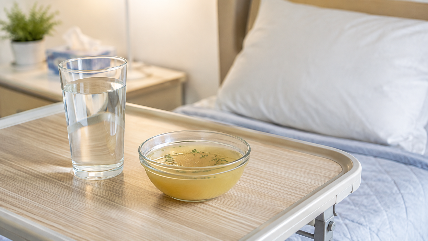 A glass of water and a small bowl of clear broth on a bedside tray in a softly lit room, representing hydration and rest during recovery from gastroenteritis.
