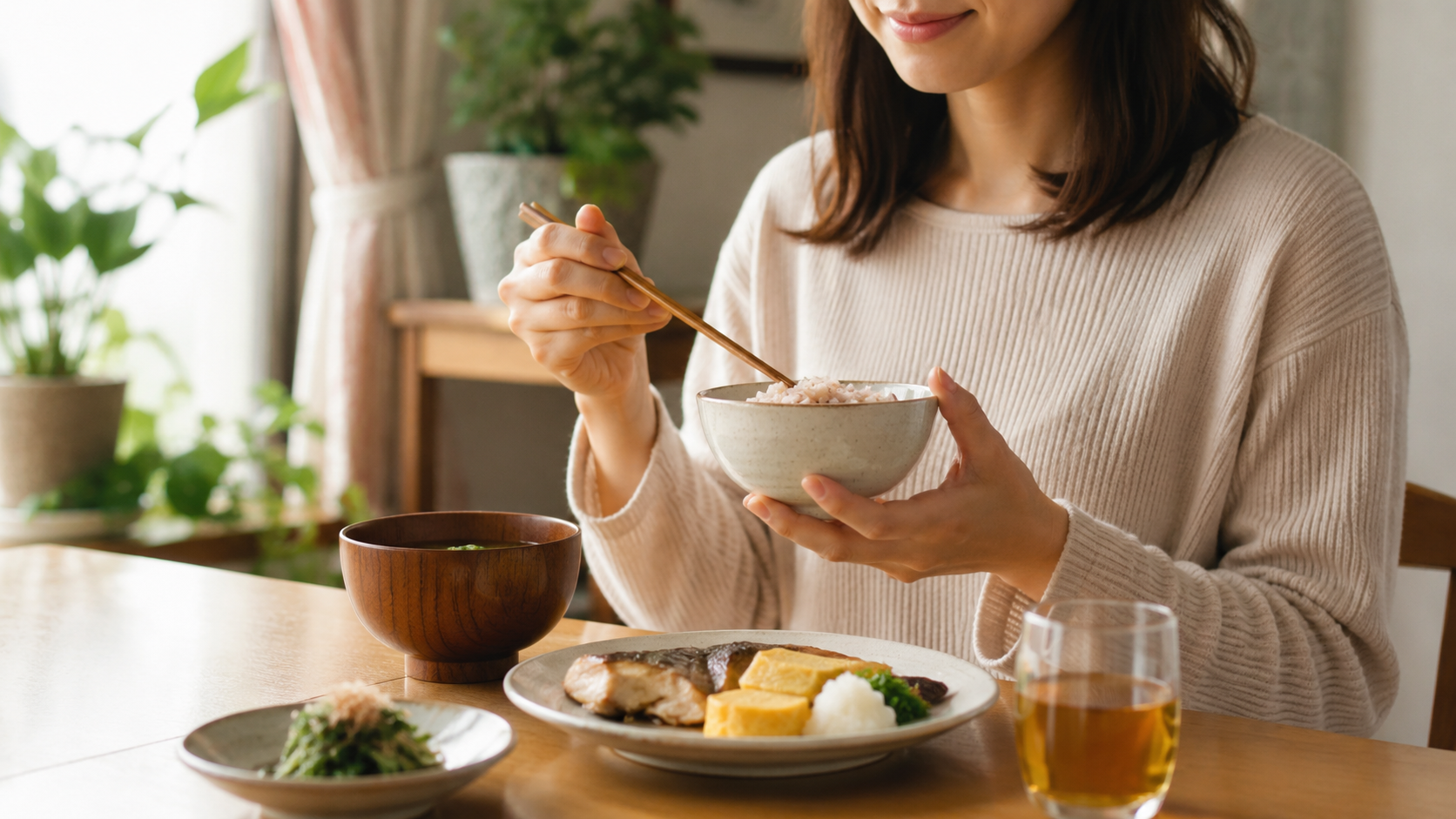 A woman calmly enjoying a simple home-cooked meal with rice, fish, eggs, vegetables, soup, and tea in a warm, naturally lit dining room.