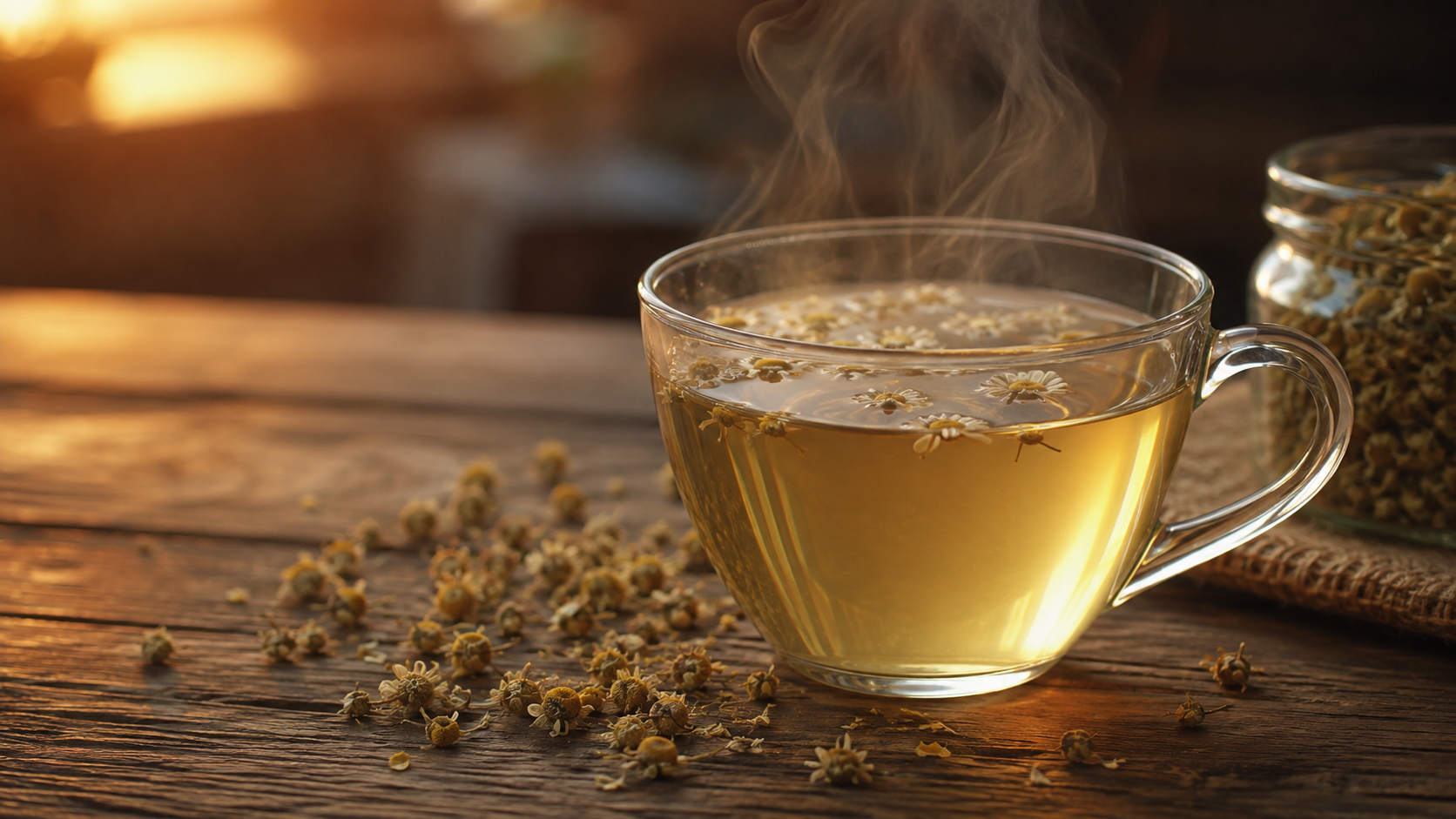 A steaming glass cup of pale golden chamomile tea surrounded by dried chamomile flowers on a rustic wooden table in warm evening light.