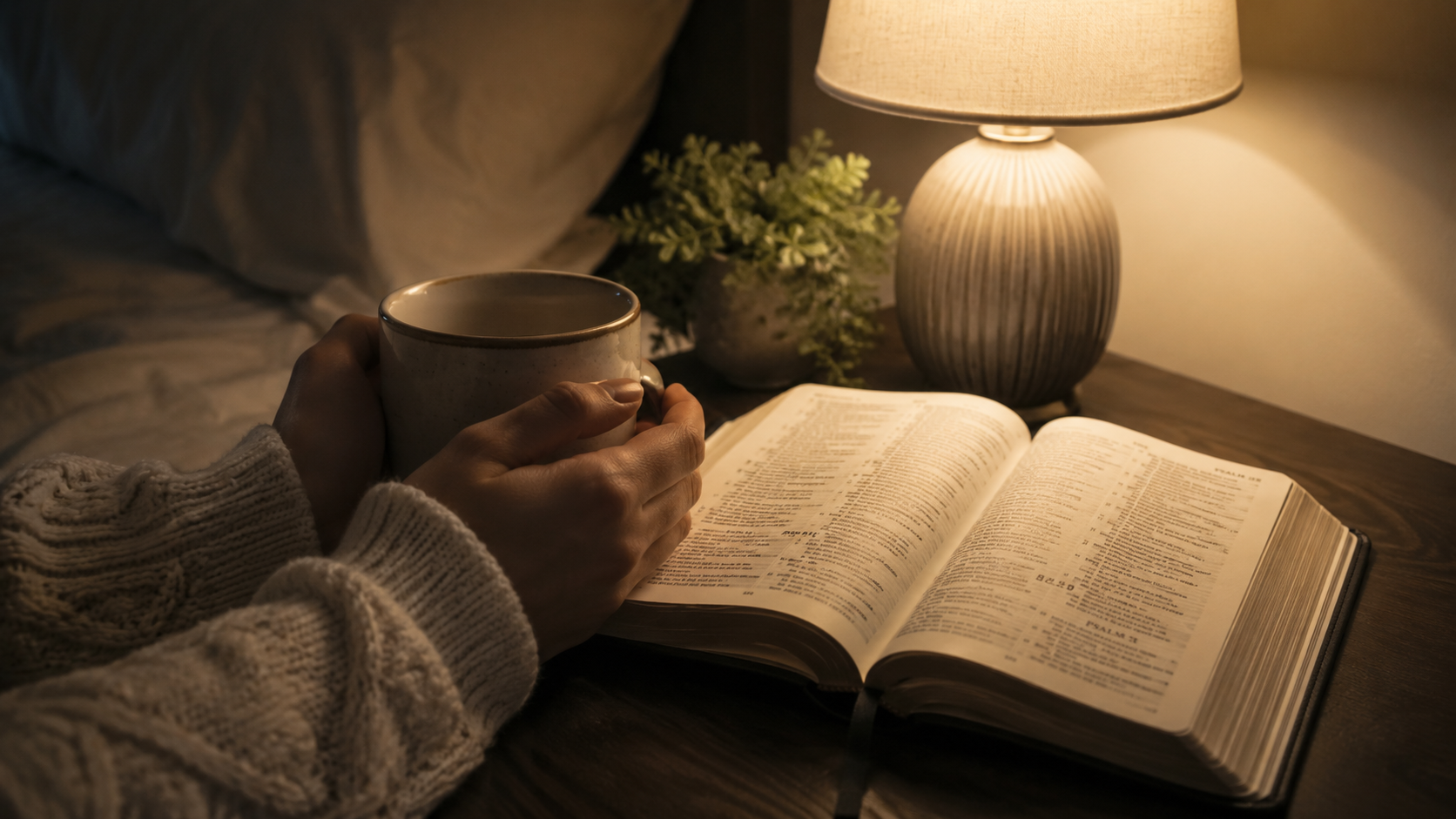 A person holds a warm ceramic mug beside an open Bible and a softly glowing bedside lamp in a peaceful evening setting.