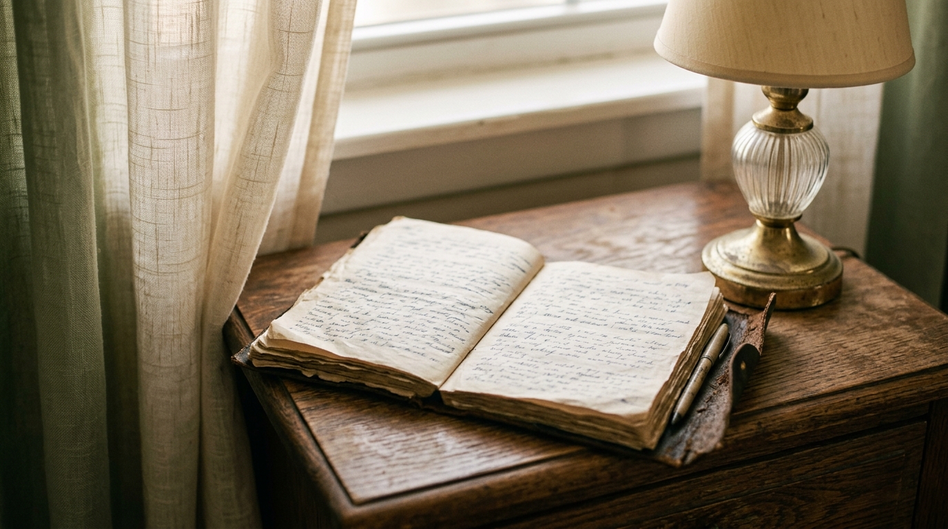 An open journal on a nightstand with morning light through a curtain, representing the private reflection that often precedes a boundary conversation