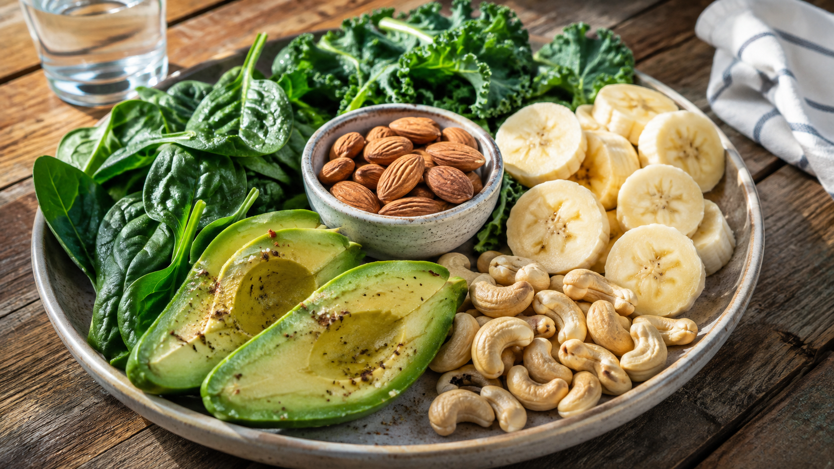A healthy plate of leafy greens, banana slices, avocado, almonds, and cashews arranged on a wooden table.
