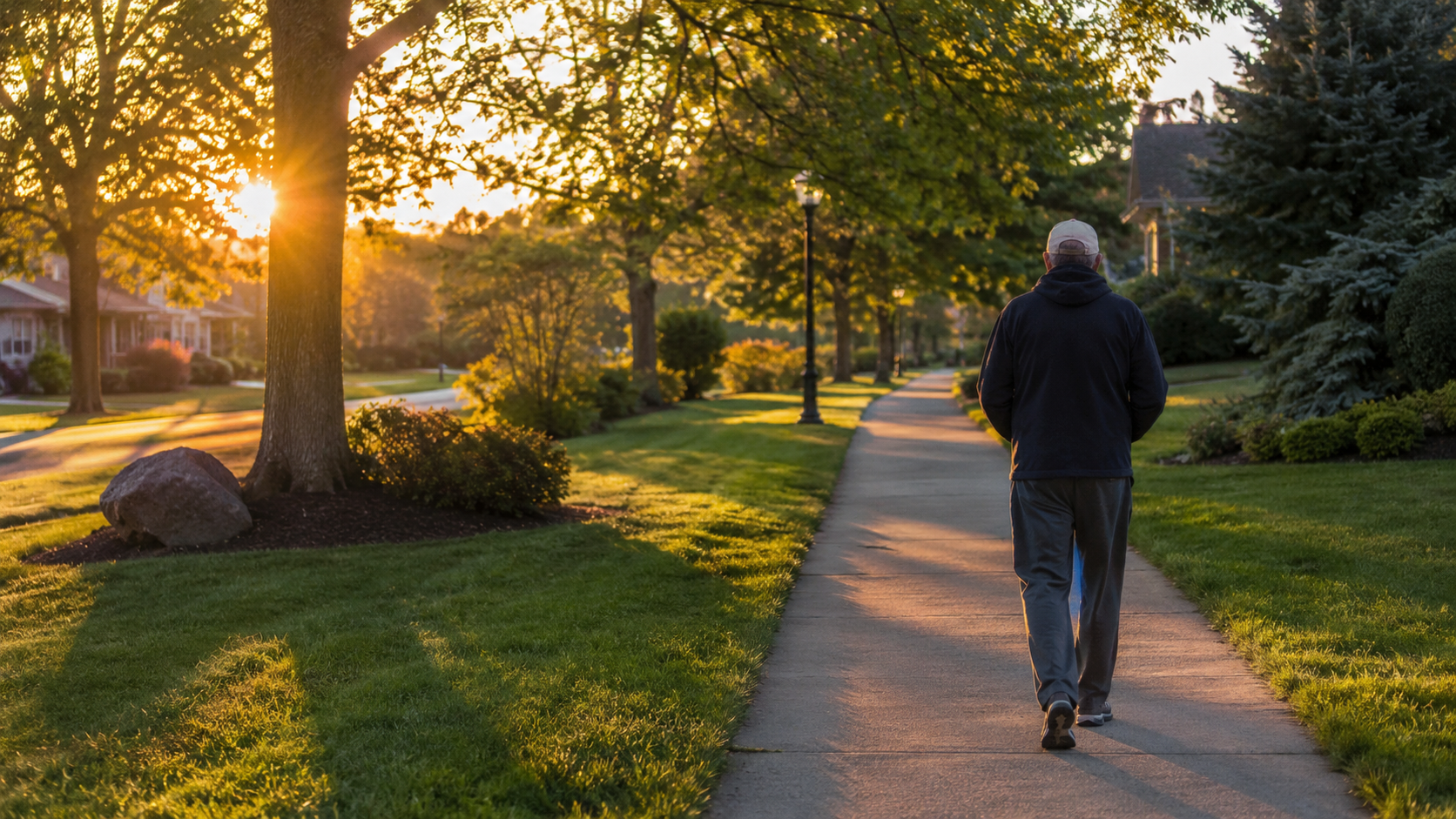 An older man walking along a quiet neighborhood path in the warm golden light of early morning.