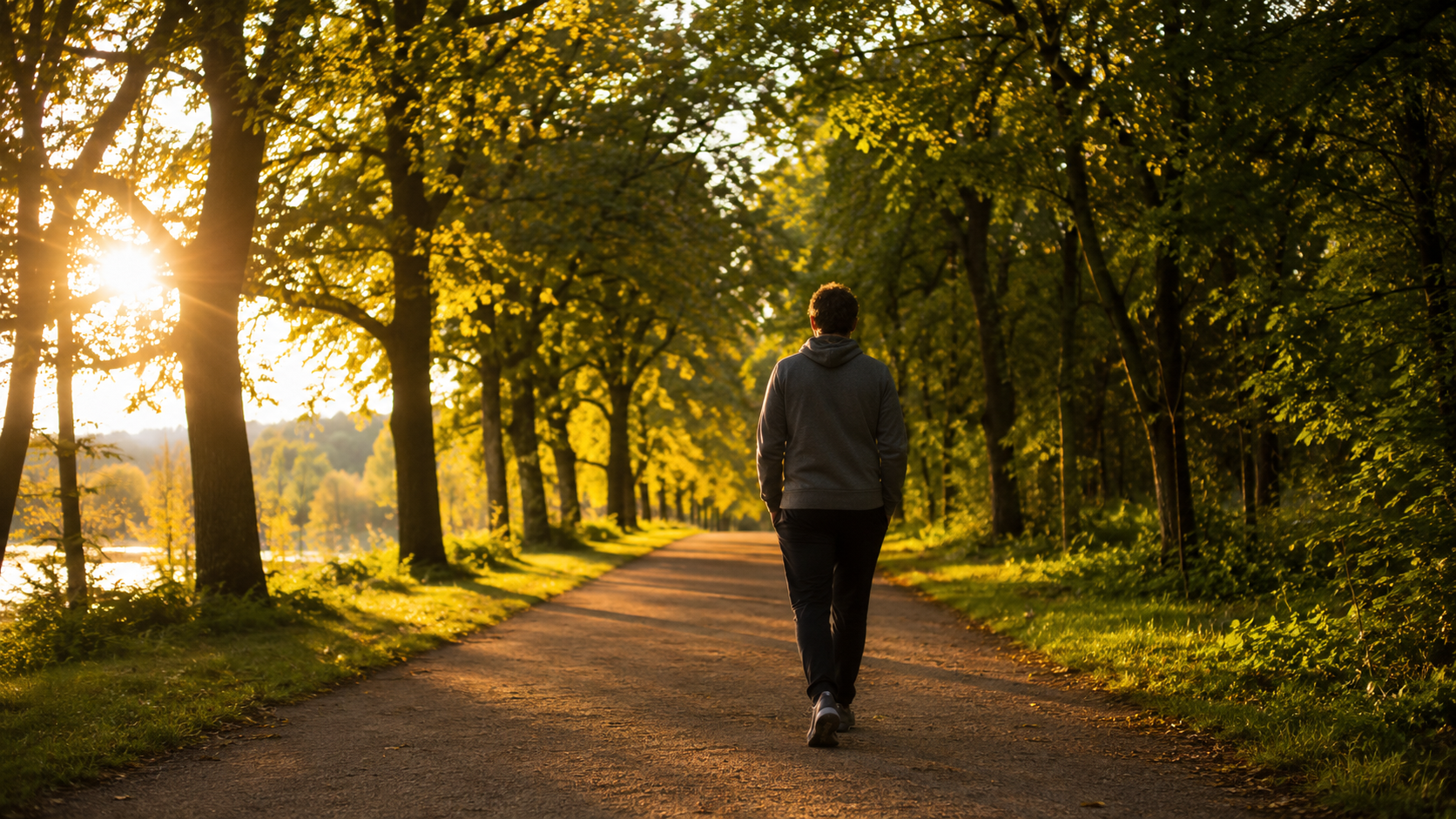 A person walks alone down a tree-lined park path at golden hour, seen from behind, with warm sunlight shining through the branches and trail shoes visible.