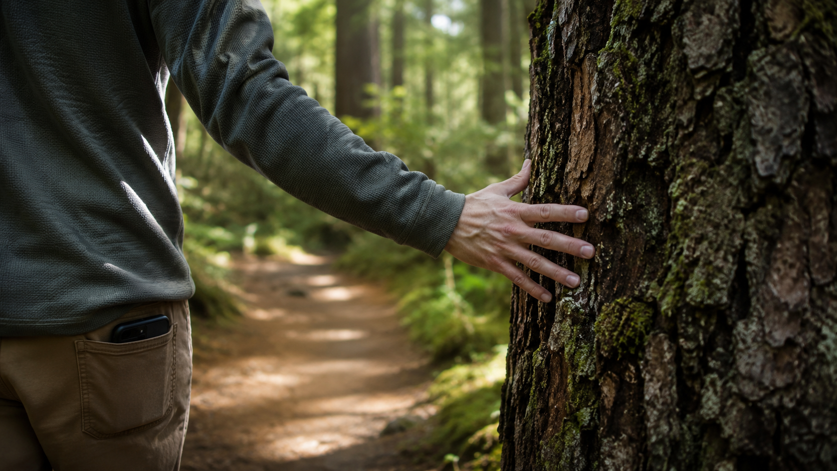 A person gently places a hand on the rough bark of a tree along a forest trail, with a phone tucked away in a pocket and soft natural light in the background.