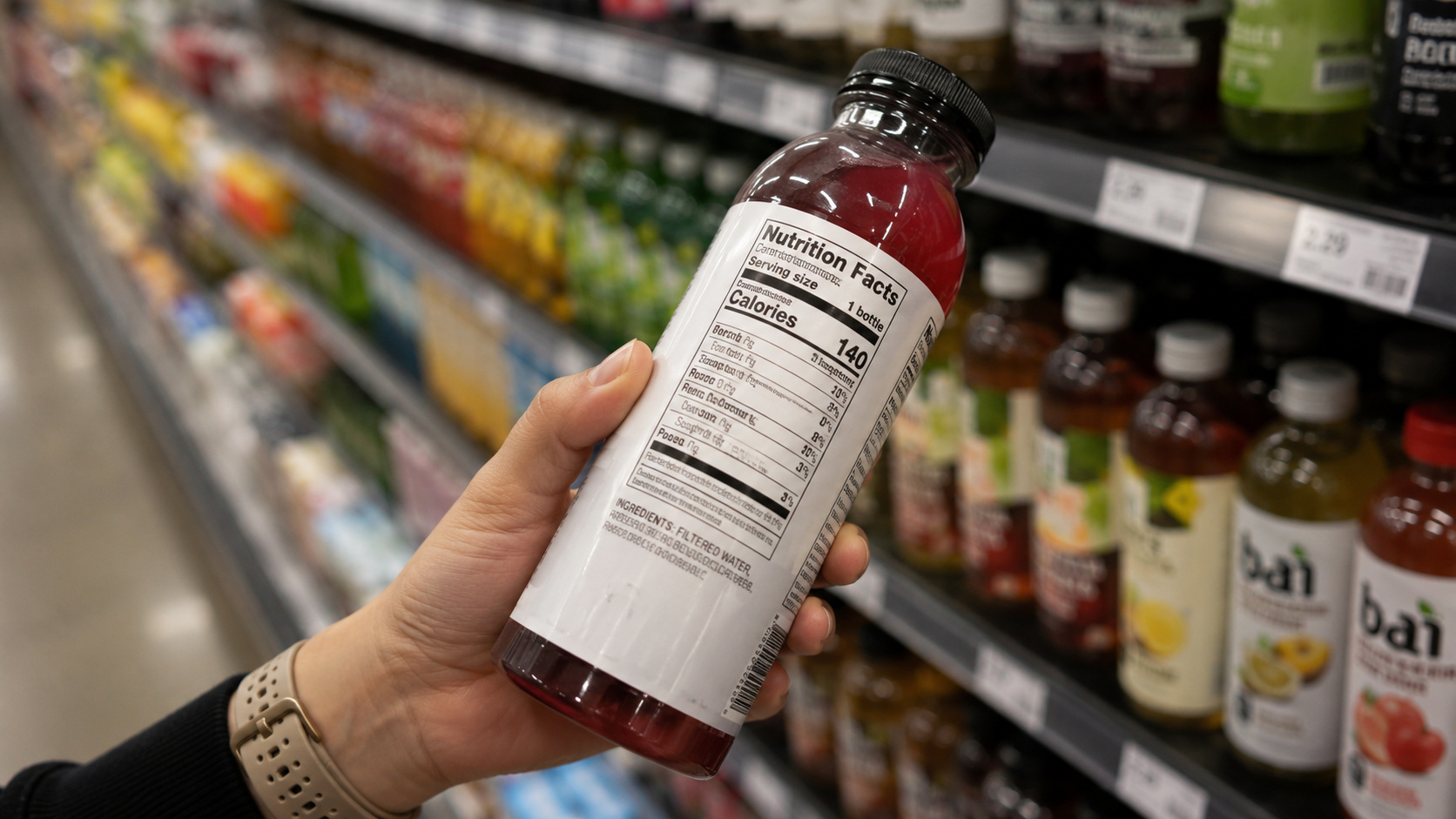 A hand holds a bottled drink in a grocery store aisle while reading the nutrition label, with shelves of beverages blurred in the background.