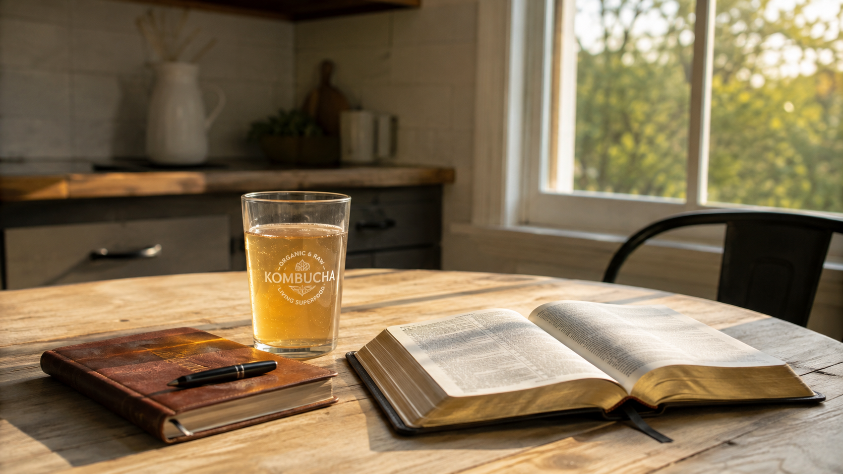 A glass of kombucha sits on a wooden kitchen table beside a small journal and an open Bible, with warm afternoon sunlight streaming through a nearby window.