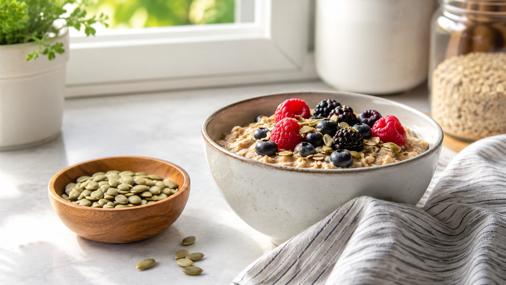 A small wooden bowl of raw pumpkin seeds sits beside a bowl of oatmeal topped with berries and seeds on a bright kitchen counter in soft morning light.